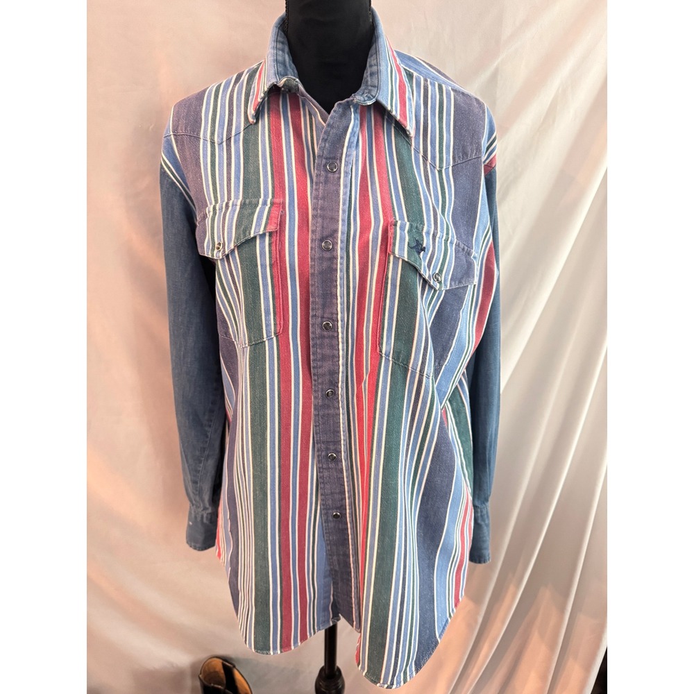 Vintage Lone Roo by Roper Western Pearl Snap Shirt Multi Color Stripe Mens Large